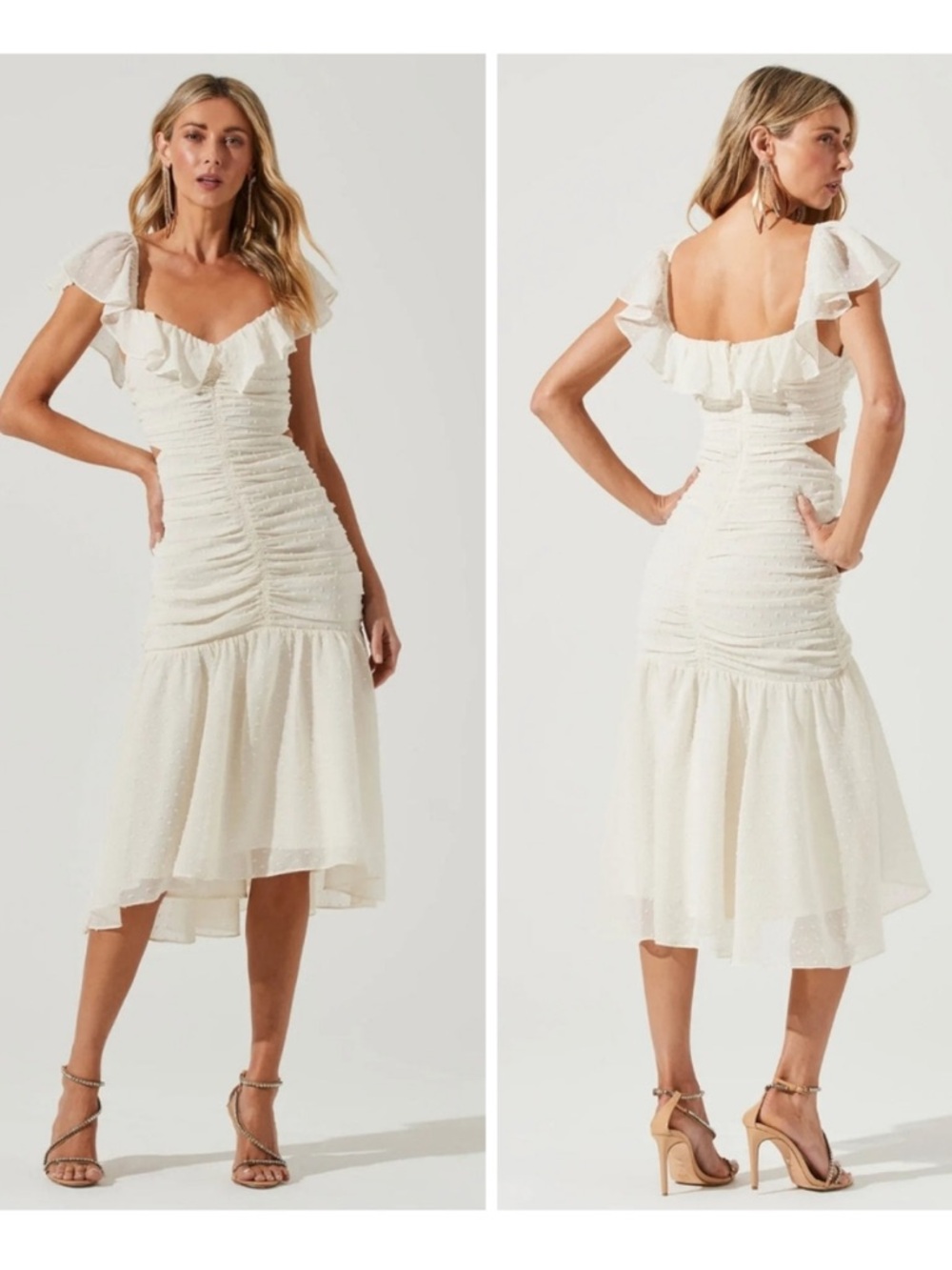 ASTR the Label Ivory White Devereaux Ruffle Ruched Flowy Mermaid Midi Dress LRG